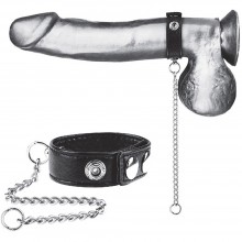 Кольцо на пенис с поводком из металла «Snap Cock Ring With 12 Leash», цвет черный, BlueLine BLM3041, из материала ПВХ, длина 32 см., со скидкой