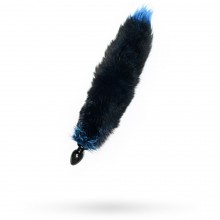 Анальная втулка с голубым лисьим хвостом, цвет черный, Wild Lust 9187, из материала дерево, диаметр 3.2 см., со скидкой