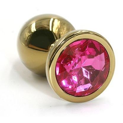 Анальная пробка из алюминия с розовым кристаллом, цвет золотой, Kanikule KL-AL001LG, коллекция Anal Jewelry Plug, длина 8.4 см.