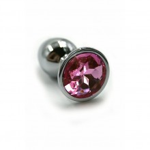 Анальная пробка «Small» из алюминия с светлым розовым кристаллом, цвет серебристый, Kanikule KL-AL001S, длина 6 см.