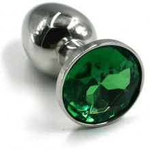 Маленькая серебряная анальная пробка из алюминия с зеленым кристаллом, Kanikule KL-AL05S, из материала алюминий, цвет зеленый, длина 7 см.