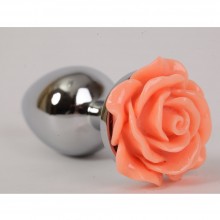 Металлическая анальная пробка серебряная с розочкой персикового цвета, 4sexdream 47182-2MM, цвет оранжевый, длина 10 см.