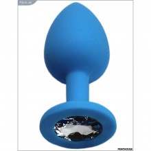 Силиконовая анальная втулка-страз с прозрачным кристаллом, цвет голубой, PentHouse P3414-06, длина 7.4 см., со скидкой