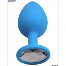 Гладкая силиконовая анальная втулка с прозрачным кристаллом, цвет голубой, PentHouse P3415-06, длина 8.4 см., со скидкой