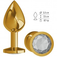 Анальная втулка «Gold» из металла с прозрачным кристаллом от компании Джага-Джага, цвет золотой, 520-01 WHITE-DD, длина 8.5 см., со скидкой