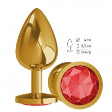 Анальная втулка «Gold» с красным кристаллом от компании Джага-Джага, цвет золотой, 530-04 RED-DD, длина 9.5 см., со скидкой