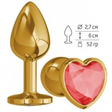 Анальная втулка «Gold» с красным кристаллом-сердцем от компании Джага-Джага, цвет серебристый, 511-04 RD DD, из материала металл, коллекция Anal Jewelry Plug, длина 7 см., со скидкой