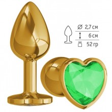 Анальная втулка Gold с зеленым кристаллом сердце маленькая, бренд Джага-Джага, из материала металл, цвет зеленый, длина 7 см.