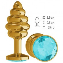 Анальная втулка «Gold Spiral» с голубым кристаллом от компании Джага-Джага, цвет золотой, 512-05 AQUA-DD, длина 7 см., со скидкой