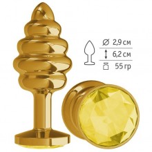 Ребристая анальная втулка «Gold Spiral» с желтым кристаллом, цвет золотой, Джага-Джага 512-11- YELLOW DD, из материала металл, длина 6.2 см., со скидкой
