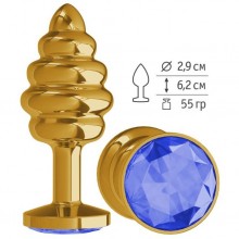 Анальная втулка «Gold Spiral» с синим кристаллом от компании Джага-Джага, цвет золотой, 512-07 BLUE-DD, из материала металл, длина 7 см., со скидкой