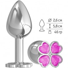 Небольшая анальная втулка «Silver - Клевер» с розовым кристаллом, цвет серебристый, Джага-Джага 509-06 PINK-DD, из материала металл, длина 5.8 см., со скидкой