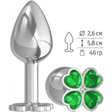 Малая анальная пробка из металла «Клевер» с зеленым кристаллом, цвет серебристый, Джага-Джага 509-03 GREEN-DD, длина 5.8 см., со скидкой