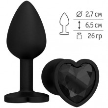 Анальная втулка из силикона черная с черным стразом-сердечком, Джага-Джага 508-09 BLACK-DD, цвет черный, длина 7.3 см., со скидкой