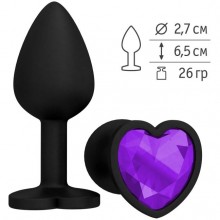 Анальная втулка из силикона черная с фиолетовым стразом-сердечком, Джага-Джага 508-08 PURPLE-DD, цвет фиолетовый, длина 7.3 см., со скидкой