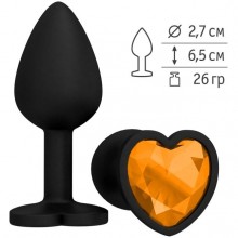 Анальная втулка из силикона черная с оранжевым стразом-сердечком, Джага-Джага 508-10 ORANGE-DD, цвет Оранжевый, длина 7.3 см.
