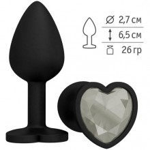 Анальная втулка из силикона черная с прозрачным стразом-сердечком, Джага-Джага 508-01 WHITE-DD, цвет прозрачный, длина 7.3 см., со скидкой