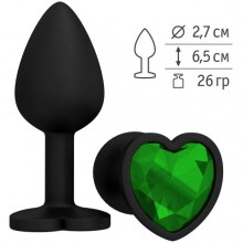 Анальная втулка из силикона черная с зеленым стразом-сердечком, Джага-Джага 508-03 GREEN-DD, длина 7.3 см., со скидкой