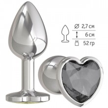 Анальная втулка «Silver» с черным кристаллом в форме сердца от компании Джага-Джага, цвет серебристый, 514-09 BL DD, коллекция Anal Jewelry Plug, длина 6 см., со скидкой