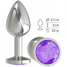 Анальная втулка «Silver» с фиолетовым кристаллом от компании Джага-Джага, цвет серебристый, 513-08 PR DD, коллекция Anal Jewelry Plug, длина 7 см., со скидкой