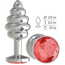 Анальная втулка «Silver Spiral» с красным кристаллом от компании Джага-Джага, цвет серебристый, 515-04 RD DD, из материала металл, цвет красный, длина 7 см., со скидкой