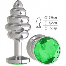 Анальная втулка «Silver Spiral» с зеленым кристаллом от компании Джага-Джага, цвет серебристый, 515-03 GN DD, коллекция Anal Jewelry Plug, длина 7 см., со скидкой