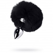 Маленькая анальная втулка «Заячий хвост» с мехом, с черным хвостиком, диаметр 2.7 см, TOYFA Metal 712025-5, цвет серебристый, длина 13 см., со скидкой