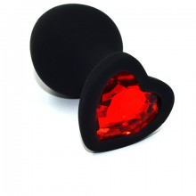 Средняя анальная пробка из черного силикона с красным кристаллом в форме сердца, Kanikule AP-S02-MR, цвет красный, длина 8.8 см., со скидкой