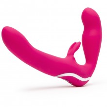 Безремневой страпон с клиторальным стимулятором «Rechargeable Vibrating Strapless Strap-On», цвет розовый, Happy Rabbit 74311, из материала силикон, длина 12.7 см., со скидкой
