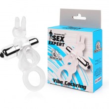 Двойное эрекционное кольцо с вибрацией и стимулятором в виде кролика, цвет прозрачный, Sex Expert SEM-55185, длина 9 см., со скидкой