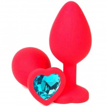 Красная силиконовая анальная пробка с голубым стразом-сердцем, Vandersex 122-HRLBM, длина 8.5 см.