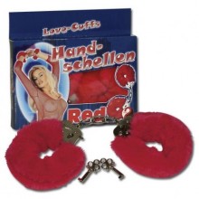 Металлические наручники «Love Cuffs Red» в меховой съемной оболочке, цвет красный, диаметр 4.5 см., со скидкой