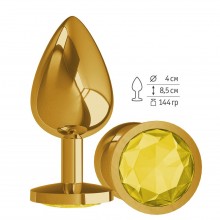 Металлическая анальная втулка «Gold» с желтым кристаллом, цвет золотой, Джага-Джага 530-11 YELLOW-DD, коллекция Anal Jewelry Plug, длина 9.5 см., со скидкой