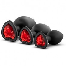 Набор черных анальных пробок с красным кристаллом-сердечком «Bling Plugs Training Kit», Blush novelties BL-395825, из материала силикон, цвет черный, длина 9.5 см.