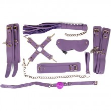 Набор для БДСМ из наручников, оков, ошейника с поводком, кляпа, маски, плети и фиксатора, цвет фиолетовый, NoTabu ntb-80490, из материала ПВХ