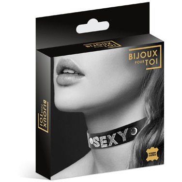 Чокер с надписью «Sexy Collier Strass Sexy Cuir Bovin» от компании Bijoux Indiscrets, цвет черный, размер OS, 6050120010, из материала кожа, длина 46 см.