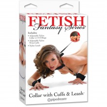 Ошейник с наручниками и поводком «Collar with Cuffs and Leash» из коллекции Fetish Fantasy Series, цвет черный, PipeDream 3742-23 PD, из материала нейлон, One Size (Р 42-48)