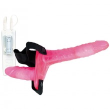 Поясной страпон-фаллос с вагинальной пробкой и вибрацией, цвет розовый, NMC 111381, из материала ПВХ, длина 17.5 см.