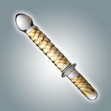 Стеклянный фаллоимитатор с ручкой и золотистым узором, цвет прозрачный, Джага-Джага 0055 BX DD, из материала стекло, длина 23 см., со скидкой