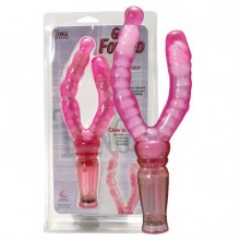 Розовый гнущийся вагинально-анальный вибромассажер «Get Forked» с двумя отростками, Tonga 310037, из материала гель, длина 16.5 см., со скидкой