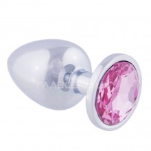 Серебристая анальная пробка с розовым кристаллом, Главсексмаг GSM101008m, из материала металл, цвет розовый, длина 8.2 см.