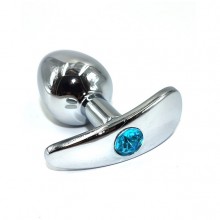 Маленькая серебряная анальная пробка для ношения с голубым кристаллом, Kanikule AP-AL034-SLB, из материала металл, цвет голубой, длина 8 см.