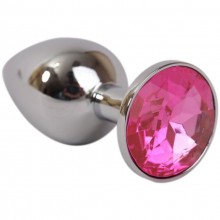 Серебряная металлическая анальная пробка с розовым стразиком, длина 7.6 см, 4sexdream 47021, коллекция Anal Jewelry Plug, цвет розовый, длина 7.6 см., со скидкой