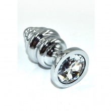 Средняя серебряная ребристая анальная пробка с прозрачным кристаллом, Kanikule AP-AL003-MC, из материала металл, цвет прозрачный, длина 8.8 см.