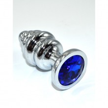 Средняя серебряная ребристая анальная пробка с темно-синим кристаллом, Kanikule AP-AL003-MDB, из материала металл, цвет синий, длина 8.8 см.