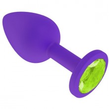 Силиконовая анальная втулка с салатовым кристаллом, цвет фиолетовый, Джага-Джага 519-12 LIME-DD, коллекция Anal Jewelry Plug, цвет серебристый, длина 6.5 см., со скидкой