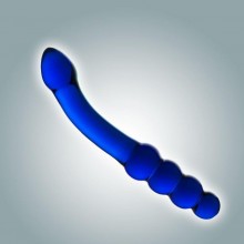 Изогнутый двусторонний фаллоимитатор из стекла, цвет синий, Джага-Джага 0044 BX DD, длина 18.5 см., со скидкой