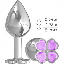 Металлическая средняя анальная втулка с клевером из сиреневых кристаллов, цвет серебристый, Джага-Джага 529-13 lilac-DD, длина 7.2 см., со скидкой