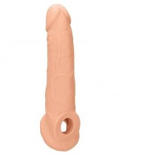 Увеличивающая телесная насадка с кольцом для фиксации на мошонке «Penis Extender with Rings», Shots Media REA074FLE, длина 22 см.