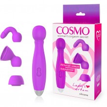 Женский силиконовый массажер со сменными насадками «Bowling», цвет фиолетовый, Cosmo csm-23138, длина 18 см., со скидкой